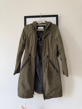 Tahari Olive Hooded Trench Coat with Zipper Details